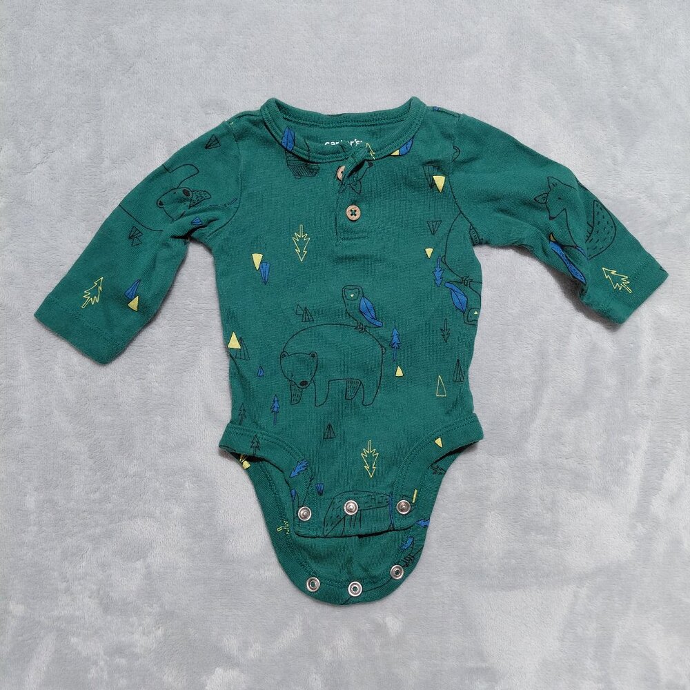 Carter's NB Forest Green Bodysuit Bear Owl Woodland Print Button Up